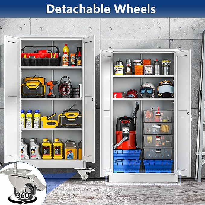 Ckzbx Metal Garage Storage Cabinet with Locking Doors and Adjustable Shelves,61" H Rolling Tool Storage with Wheels for Garage,Office (White)