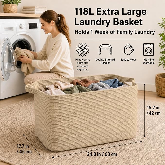 OIASKET 118L Extra Large Blanket Basket Living Room, 24.8"x17.7"x16.2" | Woven Rope Baskets for Storage, Nursery Blanket Storage for Living Room, Toy Basket with Handle Organizing Comforter Pillows