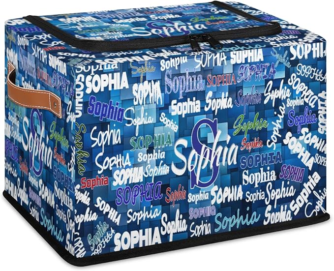 Personalized Storage Basket with Name, Rectangle Toys Storage Bin with Handles Zipper Lid for Boys, Blue Geometrics Pattern Collapsible Basket for Clothes, Books