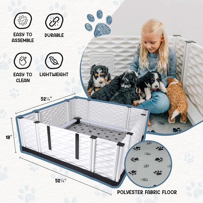 EZclassic Dog Whelping Box - Washable Pee Pad, Large 48"x48"x18" | Dog whelping box for large dogs features safety rails and liner with black pawprint design for easy cleaning and comfort
