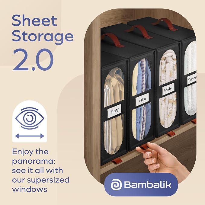 4x Bed Sheet Organizer Storage Boxes with Big See-Through Windows - Bedsheet Organizers Redesigned. Robust Bed Sheet Storage -15x13x5 Inches Sheet Organizers Containers (Black)