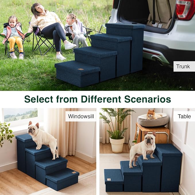 Love's cabin Dog Stairs for High Bed, Foldable Pet Stairs for Small Medium or Large Dogs Puppy with Storage for Bed or Couch, Cat Dog Steps Ramp with Zip up to 200 lbs, Navy Blue, 4 Steps