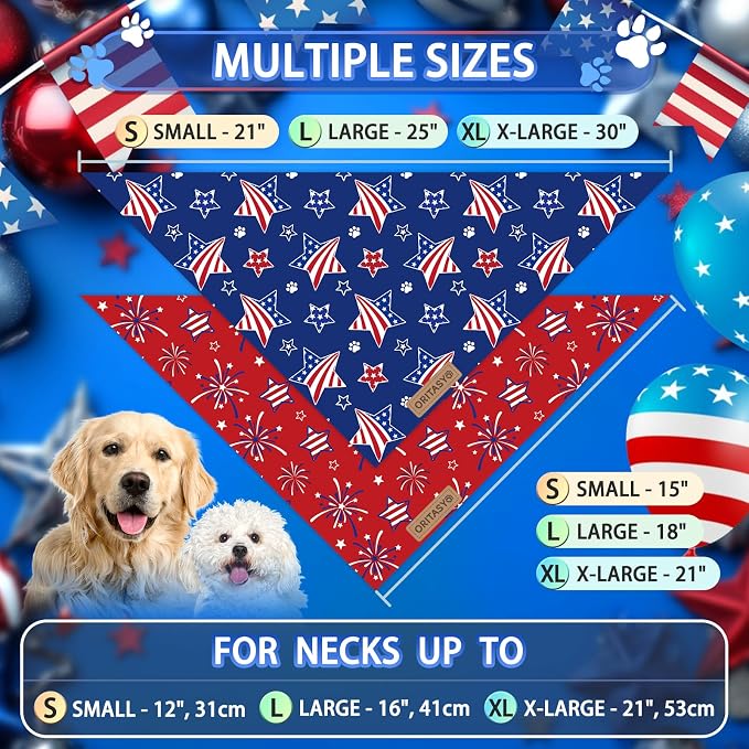 US Flag Dog Bandanas, 2-Pack Triangle Reversible Pet Scarves, Premium Fabric, 4th of July Bandana for All Boys Girls Dogs (Small, 26-Style 1)