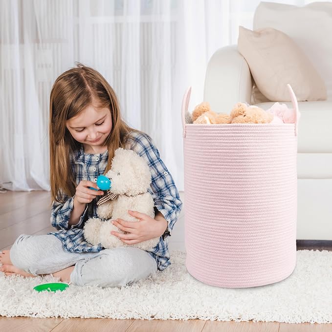Woven Cotton Rope Laundry Basket, 15" x 20" Laundry Hamper, Pink | Rope storage basket for dirty clothes, toys and blankets. Perfect for bathroom, baby nursery and living room storage.