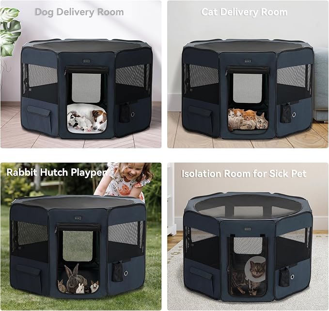 PETSFIT 45.5" Dog Playpen with Dual Zipper Doors | Sturdy Foldable, For Large & Medium Dogs, Removable Mesh Top, Leakproof Bottom