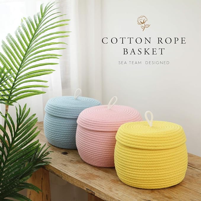 Sea Team Round Woven Cotton Rope Storage Basket with Lid, Yellow | Lidded Knitted Decorative Storage Bin, Pot, Caddy, Organizer, Container for Snacks, Towels, Plants, 10 x 7.5 Inches