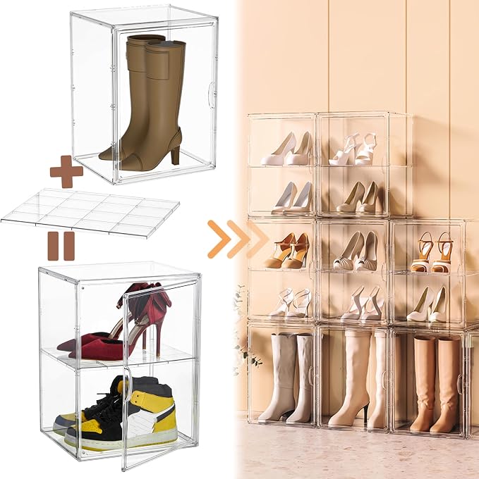 Attelite XXX-Large Acrylic Display Case Boot Shoe Storage Boxes | Boot Display Case With An Adjustable Divider, Clear Shoe Organizer for Sneakers 2 Tiers ,Tool-free Assembly,Magnetic Door