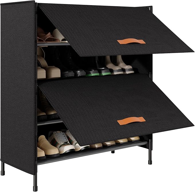 4-Tier Shoe Storage Cabinet with Fabric Cover, Hard Flip Doors, Holds 12–16 Pairs, Enclosed Dustproof Shoe Rack Organizer for Entryway, Closet & Bedroom, Shoe Shelf, Black, 27.8" x 12.0" x 31.5"