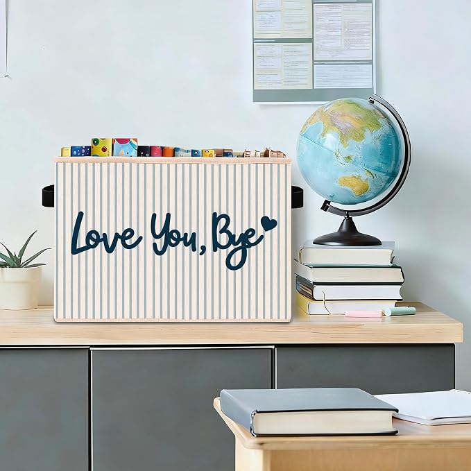 Love You Bye Storage Bin, Blue White Stripe Fabric Basket Organizer | Foldable collapsible fabric organizer for dorm room, girls room, bedroom, nursery, toys, books, clothes