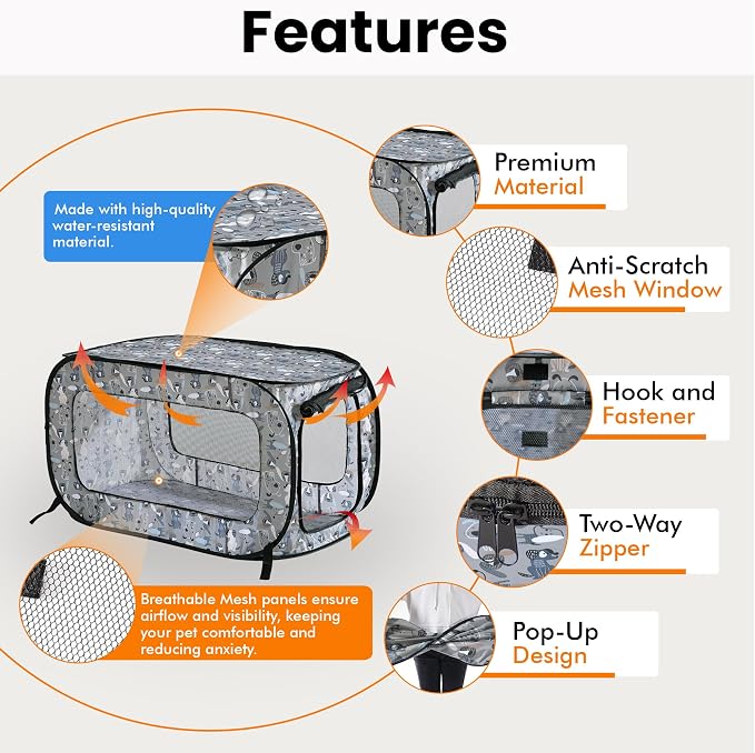 Portable Collapsible Pop Up Kennel, 40" L x 27" W x 27" H, Tail Waggers | Collapsible indoor/outdoor travel cat and dog crate with mesh screen windows pops up and folds flat for easy storage