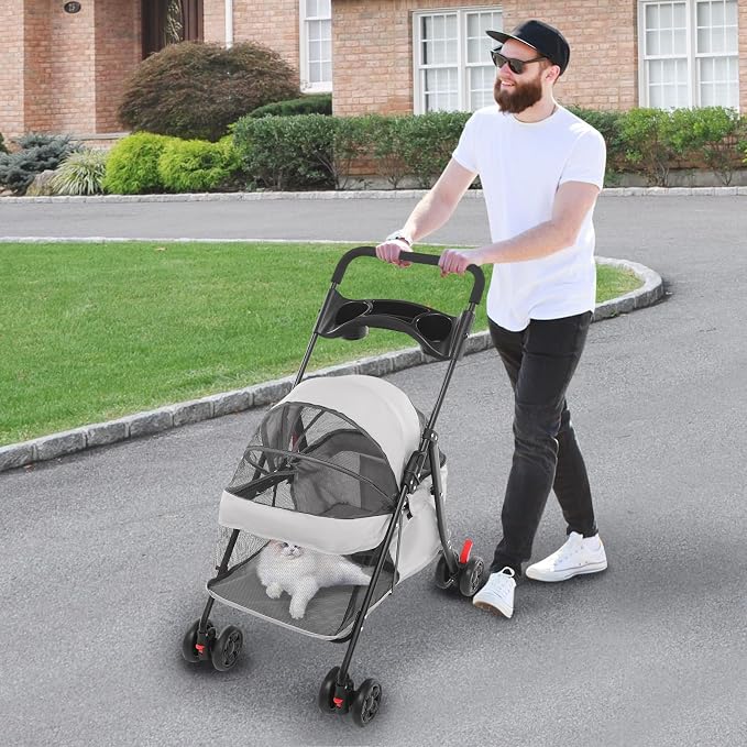 Foldable Pet Stroller for Small Medium Dogs Cats, 40lb Capacity, Breathable | Mesh, Large Basket, Cup Holder, Oxford Cloth, Lightweight Portable Cart, Easy Storage, Gray