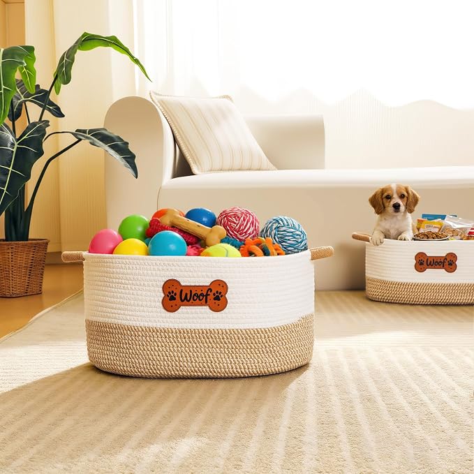 Large Dog Toy Basket Box Bin, Woven Storage Baskets for Dog Cat, Cotton Rope Toys Storage Basket for Dogs Cats Bed Toys Accessories Organizer With Handles for All Pets-Puppies to Large