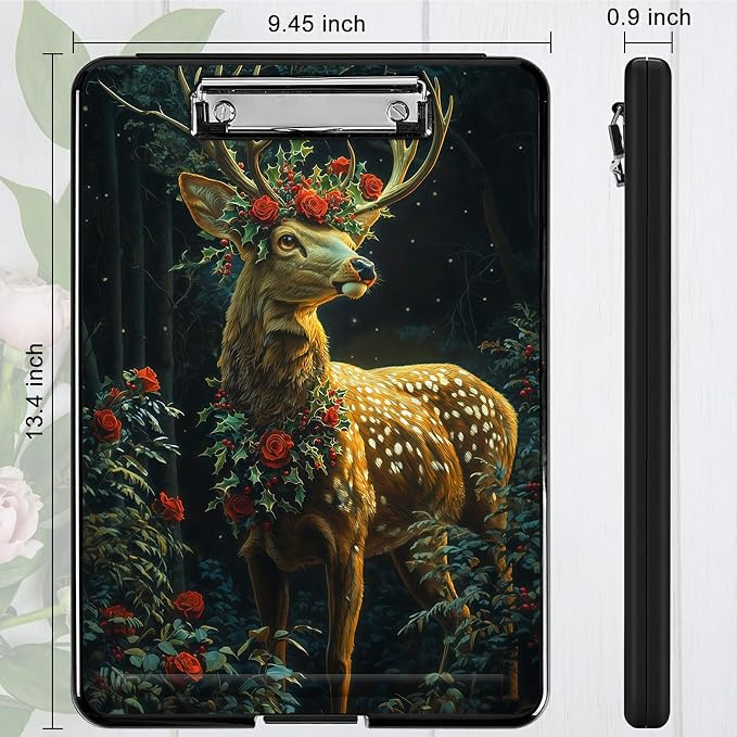 Heavy Duty Storage Clipboard, Slim Nursing Clipboard with Internal Pen Case, Portable File Organizer Case for A4 Letter Size Paper Office Medical Professionals, Rose Forest Deer