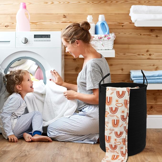Woven Cotton Rope Laundry Basket Hamper 16" x 22" Large Black | Rope storage basket for dirty clothes, toys and blankets. Perfect for bathroom, baby nursery and living room storage.