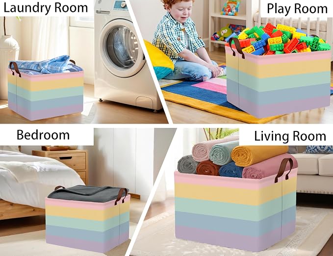 Kids Boho Rainbow Baskets Foldable Girls Baby Toy Storage Bin Rectangular Nursery Box Room Decor(Rainbows)