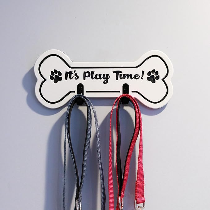 Noble Heritage Play TIME Dog Bone Leash & Key Holder - Wall-Mounted Organizer for Dog Leashes, Collars & Keys | Recycled HDPE Plastic | Indoor/Outdoor Use | Made in USA | Black White Black