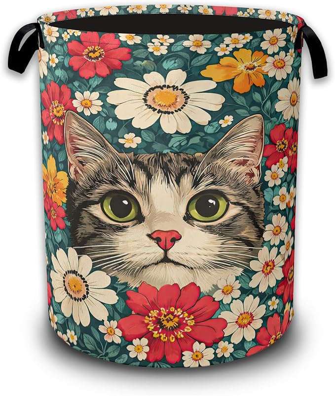 Cute Cat Laundry Baskets,Blooming Colorful Flowers Laundry Hamper,Storage Basket with Handles for Bathroom Bedroom College Dormitory Living Room Nursery Organizer 16"x20.8"