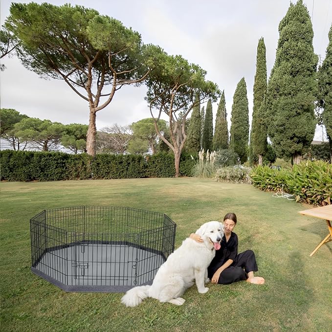 PETIME Foldable Metal Dog Exercise Pen/Pet Puppy Playpen Kennels Yard Fence Indoor/Outdoor 8 Panel 24" W x 24" H with Bottom Pad (with Bottom pad, 8 Panels 24" H)