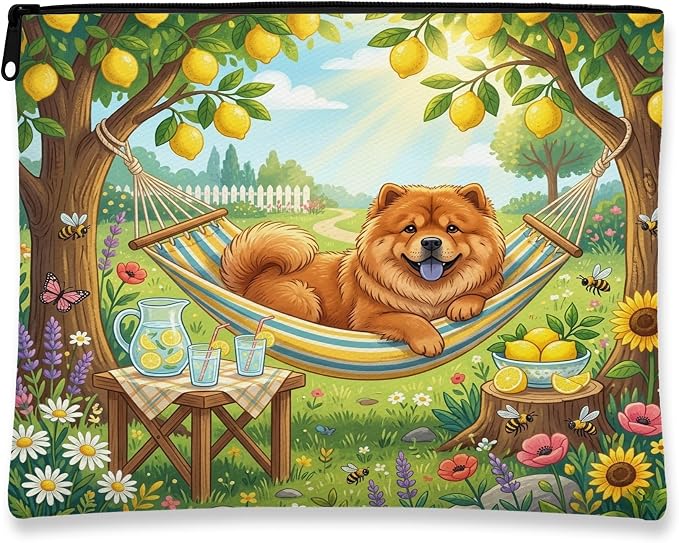 Chow Chow Dog Makeup Bag, Country Lemon Floral Plant Printed Cosmetic Travel Pouch for Women, Pet Portable Small Canvas Zipper Organizer 7x9 Inch