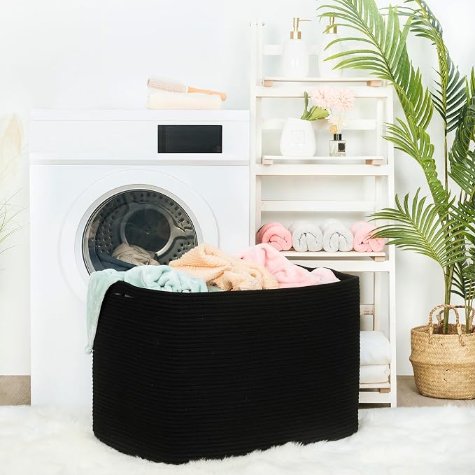 112L Extra Large Blanket Basket Holder Living Room, 25"x17"x16" Rectangle Rope Woven Storage Basket with Handles for Laundry, Pool Towels, Shoes, Dog Toy Organizer Bin Box, Black