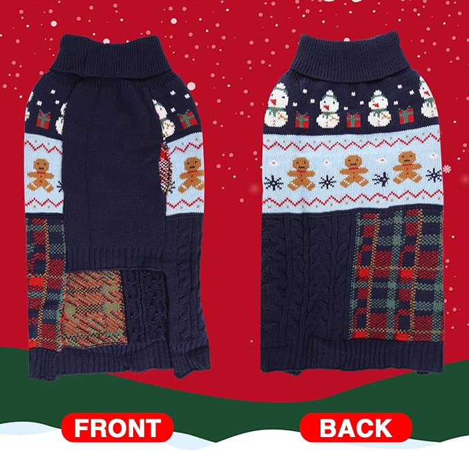Dog Christmas Sweater Puppy Soft Holiday Xmas Clothes Pet Gingerbread Man Outfit for Small Medium Dogs and Cats Classic Argyle Turtleneck Knitwear (Navy Blue, X-Large)