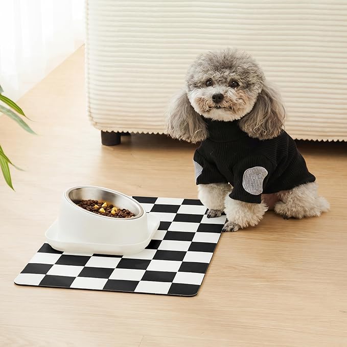 Ralxion Checkered Dog Feeding Mat, Absorbent Mats for Dog Food and Water Bowl, Dispenser, Modern Aesthetic Black White Checkerboard Pet Placemat for Dogs, Cats, Puppy Accessories, 12" X19”