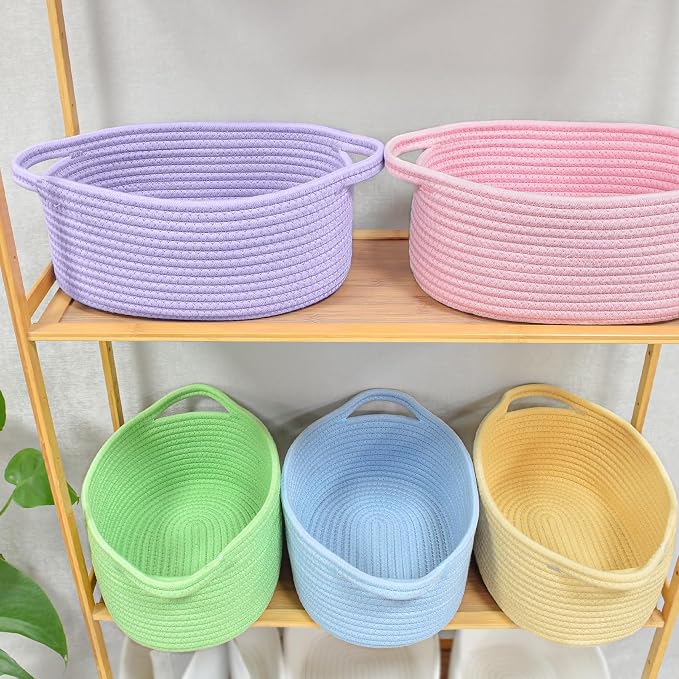 ABenkle Small Basket with Handles, Boho Decorative Rope Woven Dog Cat Toy Storage Bin Shelf Storage Organizer, Easter Christmas Gift Basket, 12"x8"x5"