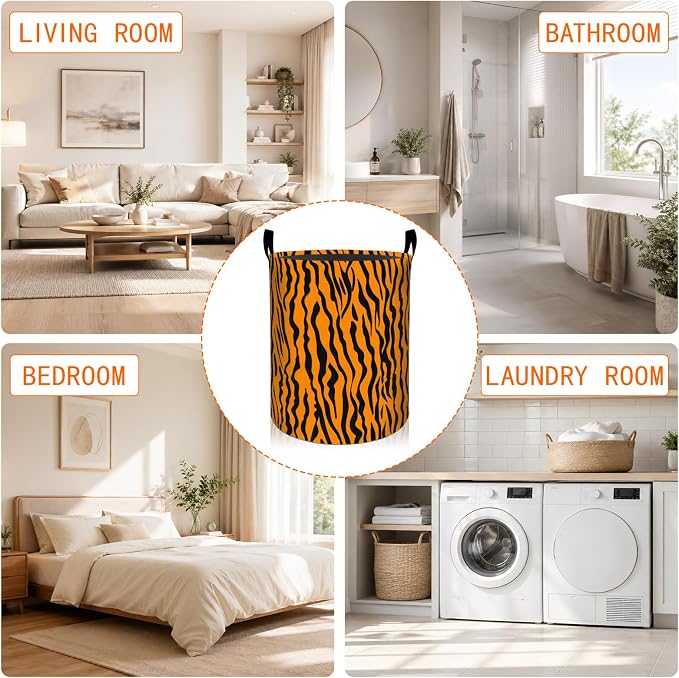 Tiger Print Laundry Basket, Orange Animal Stripe Oxford Cloth Dirty Clothes Collapsible Hamper for Room Decor, Minimalist Gifts, Toy Organizer 19.7 x 15.7 Inches for Bedroom Bathroom Dorm