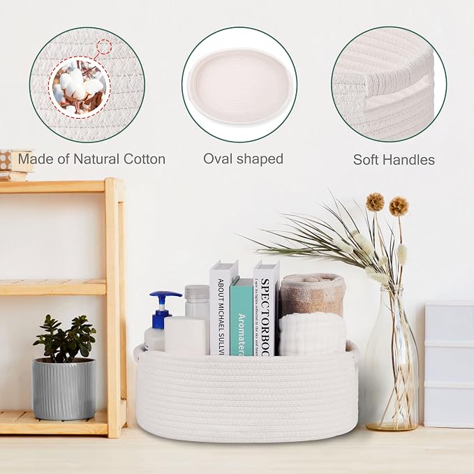 Small Woven Gift Basket with Bag & Ribbons, White | Cotton Rope, 13”x 9”x 5.5”, Fits for Kids, Women & Men, Bedroom, Living Room, Nursery & Bathroom Storage, Cat & Dog Toy Boxes