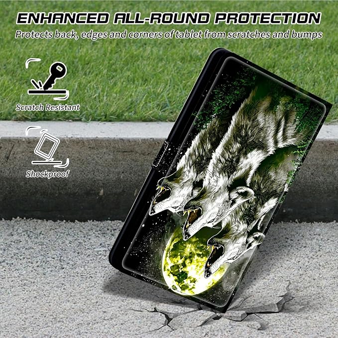 Universal Case for T-Mobile Revvl Tab 2 10.1" Model:9185W 2025/Revvl Tab 5G 10.36" 2023, 360 Degree Rotating Kickstand Protective Stand Leather Shell Cover for 9"-10.5", Three Gray Wolves