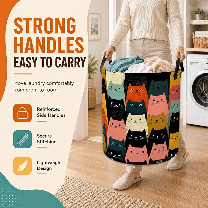 Cute Cat Laundry Basket,Large Collapsible Portable Round Laundry Hamper with Handles,Oxford Storage Bin for Clothes,Blankets,Bedroom,Bathroom