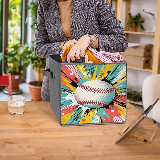 Baseball Pop Art Design Storage Bin with Handles, Oxford Fabric Foldable Storage Cube Organizer for Clothes, Towels, Bedroom, Living Room, Home Organization