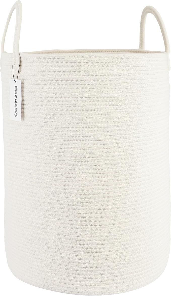 XUANGUO White Cotton Rope Laundry Basket Hamper for Clothes Large | Baby Nursery Hamper Bin and Woven Storage Basket for Living Room Bedroom Boho Tall Rope Baskets Blankets Toys Pillow Towels