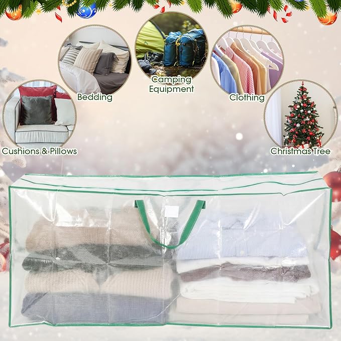 2 Pack Extra Large Moving Bags, 126 Gal Heavy Duty Storage, Green | Clear Waterproof Storage Bags with Reinforced Handles Zipper, For Clothes Bedding Seasonal Decorations Holiday Organizer