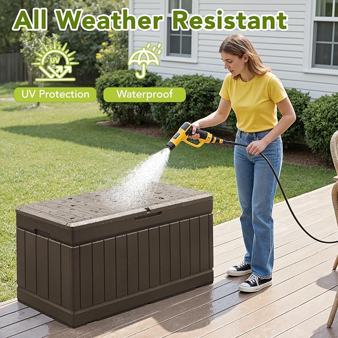 Devoko 78 Gallon Deck Box, Waterproof Resin Outdoor Storage Box | Outdoor Storage Bench Lockable for Outside and Patio Furniture, Garden Tools and Pool Supplies
