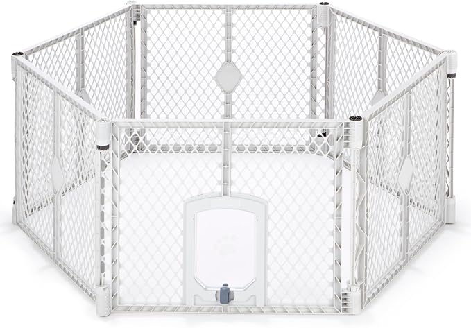MyPet Petyard Passage: 5.5 Ft. Wide Customizable Folding Dog Playpen with Passage Flap-Door for Indoor/Outdoor. Made in USA. 6-Panel Puppy Playpen. Freestanding Play Pen Dog Gate 26" Tall, Light Gray