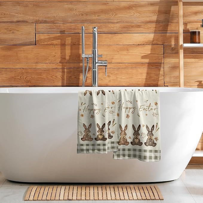 Giwawa Happy Easter Hand Towel Set of 2 Spring Cute Bunny Rabbits Egg Carrot Towel Brown Buffalo Plaids Quick Drying Dish Wash Cloth for Hotel Bathroom Gym Home Spa Holiday Decor