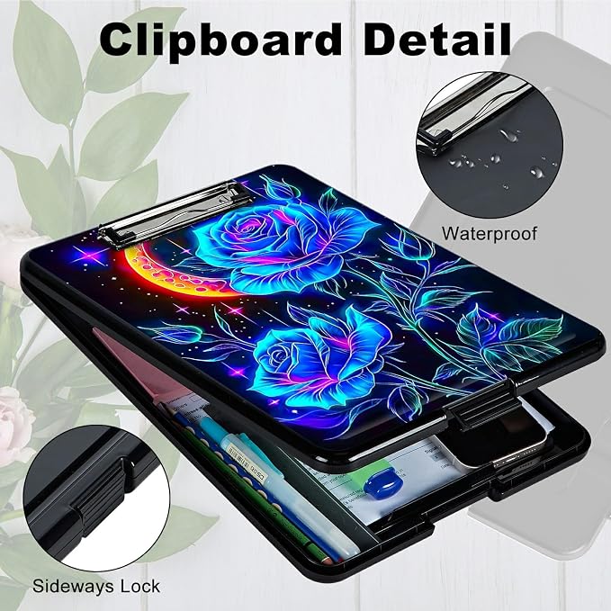 Blue Rose Moon A4 Clipboard with Storage Pen Holder, Clipboards Organizer Nursing Clipboard Foldable File Folder Plastic Clipboard Folio Clip Board for Office Students Classroom Doctor