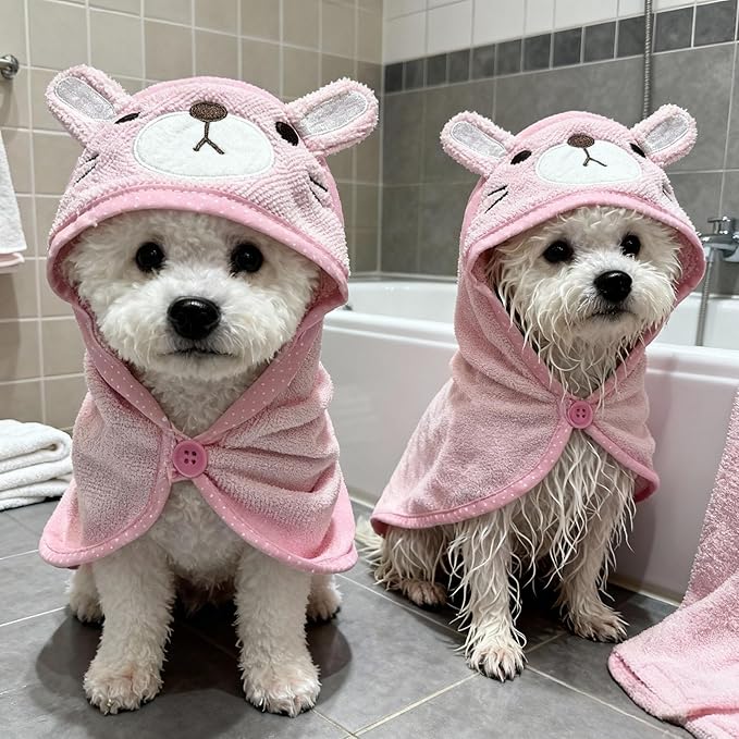 Dog Hooded Bathrobe Towel, Fast Drying Bath Towel Absorbent Warm Blanket Pink S