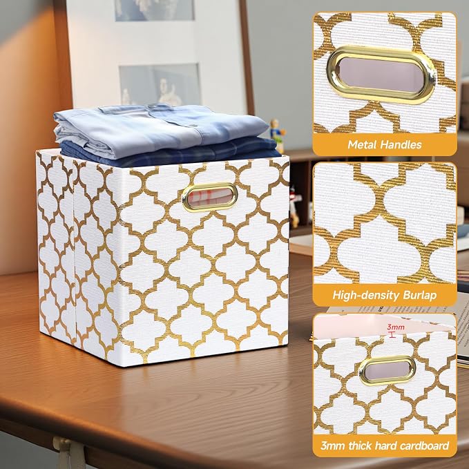 Posprica 11x11x11 Storage Cube Bins, Collapsible Storage Bins Fabric Storage Cubes Organizer Baskets Box Drawers for Shelves, Closet, Wardrobe, Bookshelf, Cabinet, Cream/Gold Lantern, 4 Pack