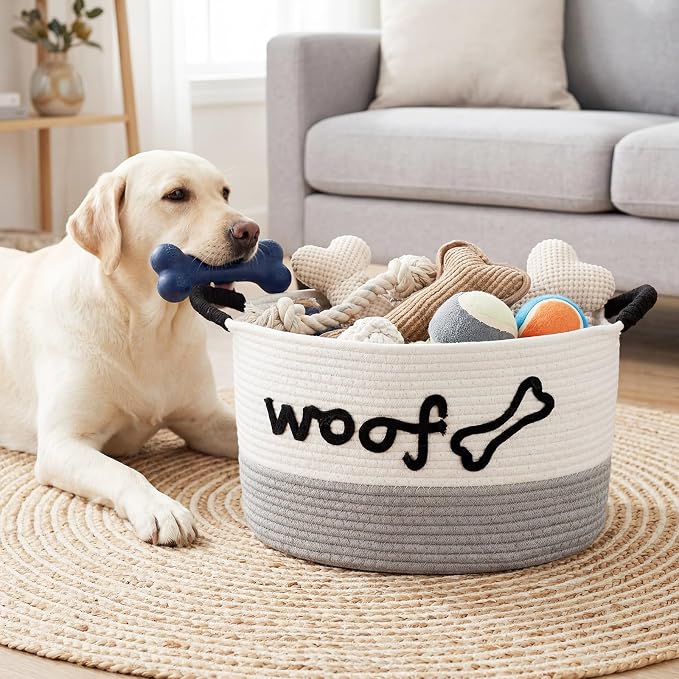 Zhehao Dog Woven Toy Basket with Handles, 15 x 11 x 9 in, White Gray | Cotton Rope Dog Toy Storage Bin, Pet Basket with Woof Bone Embroidery, for Puppy Bone & Blankets