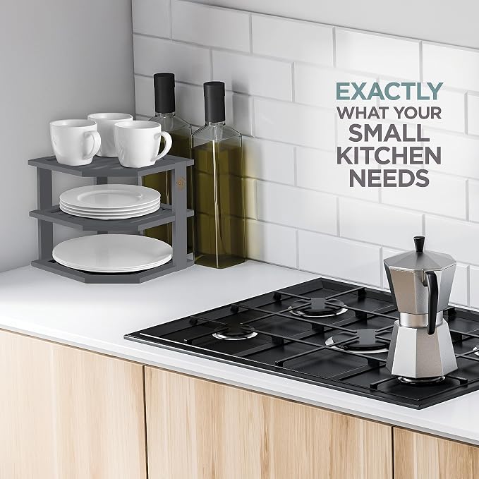 Grey Plate Organizer for Cabinet - 3 Tier Gray Bamboo Corner Cabinet Organizer Shelf for Plates Bowls Mugs Cups, Kitchen Cabinet Organizer, Cabinet Shelf Organizer, Countertop Rack, 10 x 10 x 9.5 Gray
