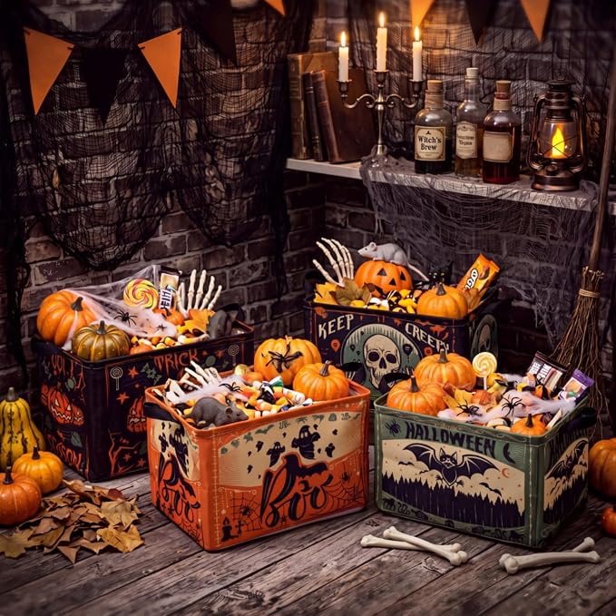 4 Pcs Vintage Halloween Storage Basket for Gifts Large Retro Gothic Storage Bins with Handles 15 x 10 x 8 Fabric Laundry Baskets Spooky Halloween Collapsible Organizer Boxes for Home Cloth Toy