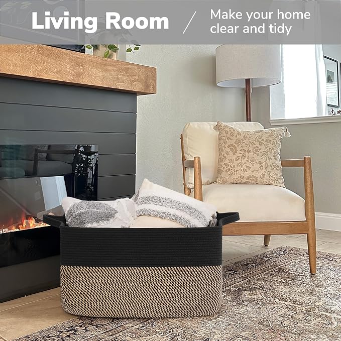 Goodpick 75L Extra Large Woven Blanket Basket, 22" x 17" x 12", Black Jute | Decorative Storage Basket for Blankets, Pillows & Toys, Living Room & Bedroom Organization, Nursery & Home Decor, Rectangle