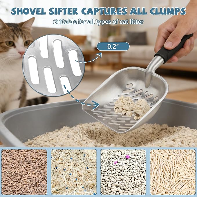 Metal Cat Litter Scoop with Holder, Detachable Caddy Set, White | Aluminum Sifting Shovel, Detachable Caddy with Lid, 12 x 4 x 1.5 in Scoop, 8 x 2.9 x 5.9 in Caddy, Curved Grip, Easy Rinse