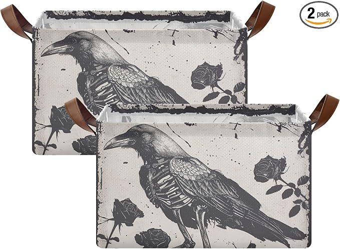 Gothic Skeleton Crow Roses Storage Bins for Shelves with Labels&Handles Fabric Organizer Bin Foldable Rectangle Storage Basket Boxes for Closet, Bathroom, Home, Living Room, 2 Pack