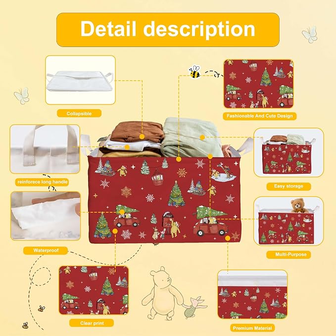 Winnie Theme Christmas Storage Basket,Hamper Winnie Baby Stuff Collapsible Storage Bin Laundry Hamper With A Waterproof PE Coating,Perfect Decoration for Baby Boy Girl Shower
