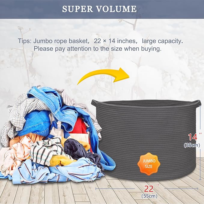 Cotton Rope Basket for Boys Kids, 87L Laundry Hamper, Dark Gray