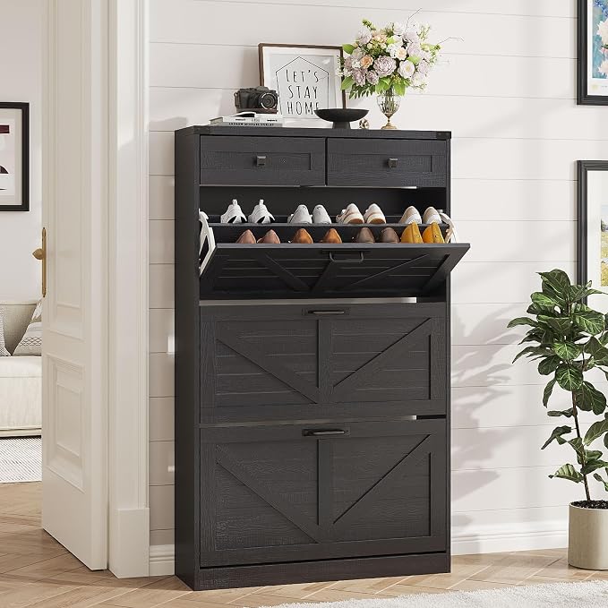 Halitaa Shoe Cabinet with 3 Flip Drawers & 2 Drawers,Freestanding Shoe Storage Cabinet for Entryway,Farmhouse Narrow Slim Organizer Rack for Foyer,Hallway,Black