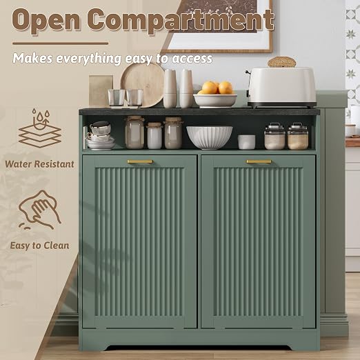 Pet-Proof Double 13 Gallon Tilt Out Trash Can Cabinet with Open Storage – Hide Garbage & Recycling Bins to Keep Your Kitchen Clean and Organized,Green